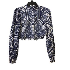 MinkPink Blue White Embroidered Eyelet Lace Crop Top High Neck Long Sleeve Small